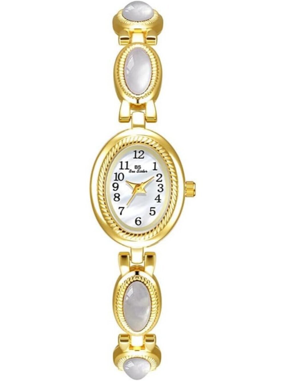 Women's Gold White Vintage Bracelet Elegant Jade Oval Dial Waterproof Wristwatch